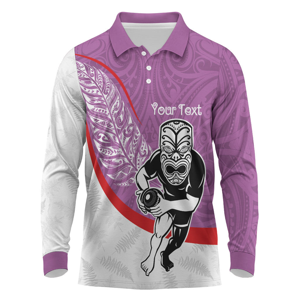 Personalised Aotearoa Lawn Bowls Long Sleeve Polo Shirt Maori Warrior and Silver Fern Sporty Style Pink LT03 Pink - Polynesian Pride