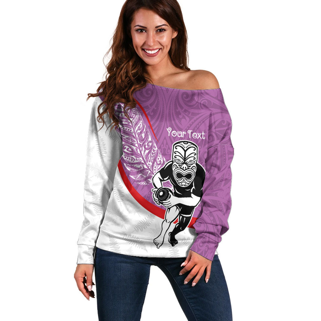 Personalised Aotearoa Lawn Bowls Off Shoulder Sweater Maori Warrior and Silver Fern Sporty Style Pink LT03 Women Pink - Polynesian Pride
