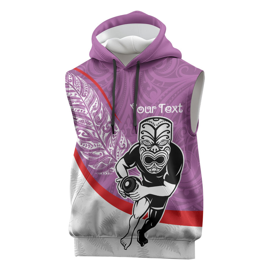 Personalised Aotearoa Lawn Bowls Sleeveless Hoodie Maori Warrior and Silver Fern Sporty Style Pink LT03 Pink - Polynesian Pride
