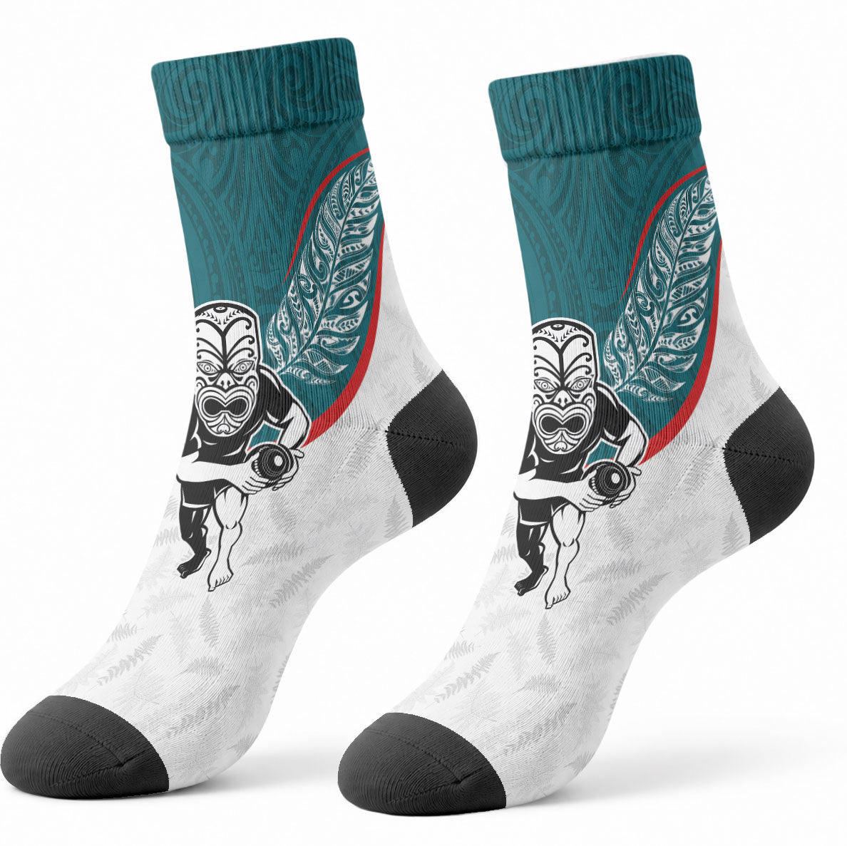 Aotearoa Lawn Bowls Crew Socks Maori Warrior and Silver Fern Sporty Style Teal LT03 - Polynesian Pride