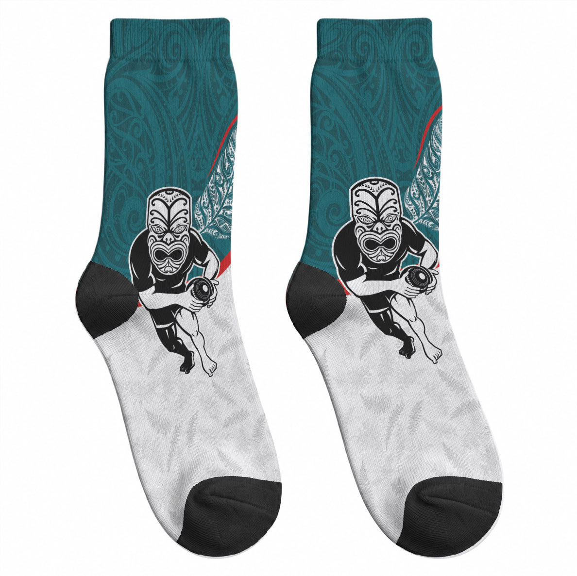 Aotearoa Lawn Bowls Crew Socks Maori Warrior and Silver Fern Sporty Style Teal LT03 - Polynesian Pride