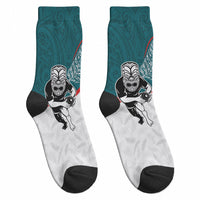 Aotearoa Lawn Bowls Crew Socks Maori Warrior and Silver Fern Sporty Style Teal LT03 - Polynesian Pride