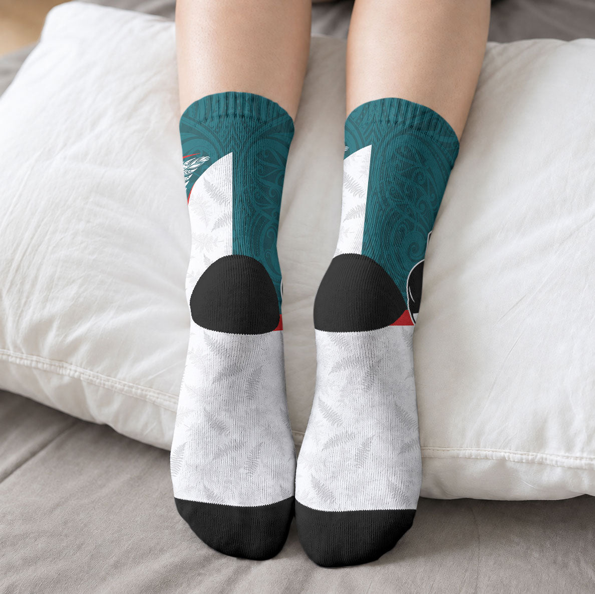 Aotearoa Lawn Bowls Crew Socks Maori Warrior and Silver Fern Sporty Style Teal LT03 - Polynesian Pride