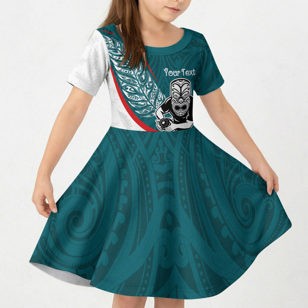 Personalised Aotearoa Lawn Bowls Kid Short Sleeve Dress Maori Warrior and Silver Fern Sporty Style Teal LT03 KID Teal - Polynesian Pride