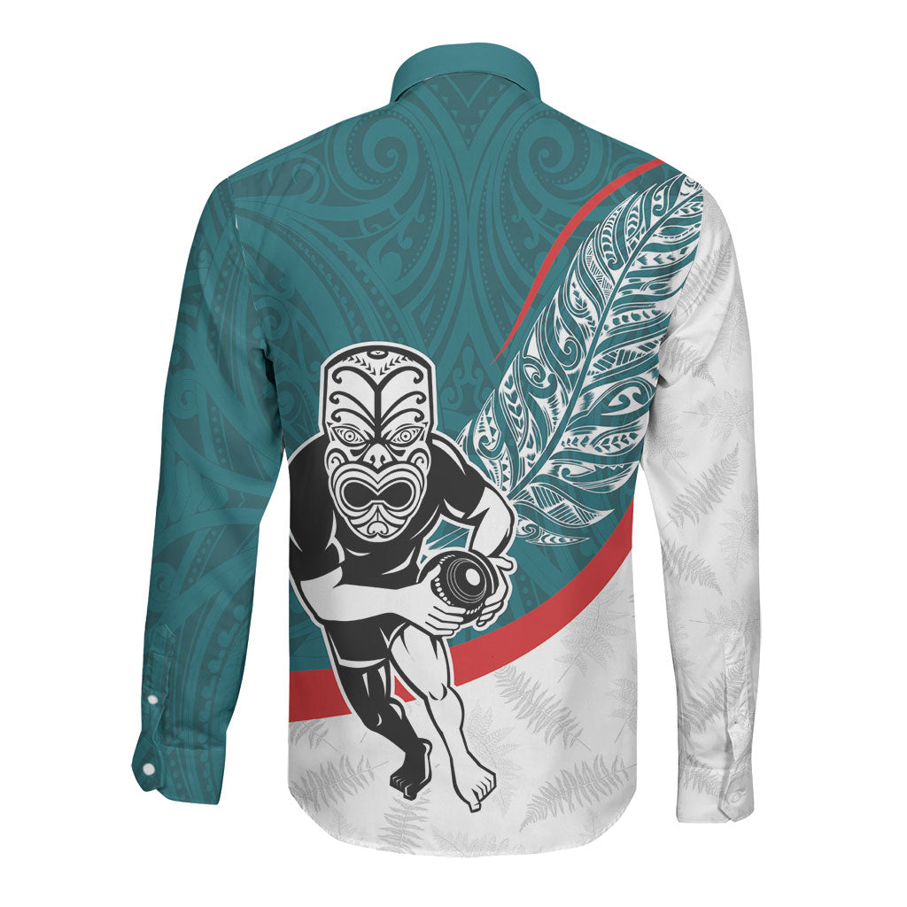 Personalised Aotearoa Lawn Bowls Long Sleeve Button Shirt Maori Warrior and Silver Fern Sporty Style Teal LT03 - Polynesian Pride