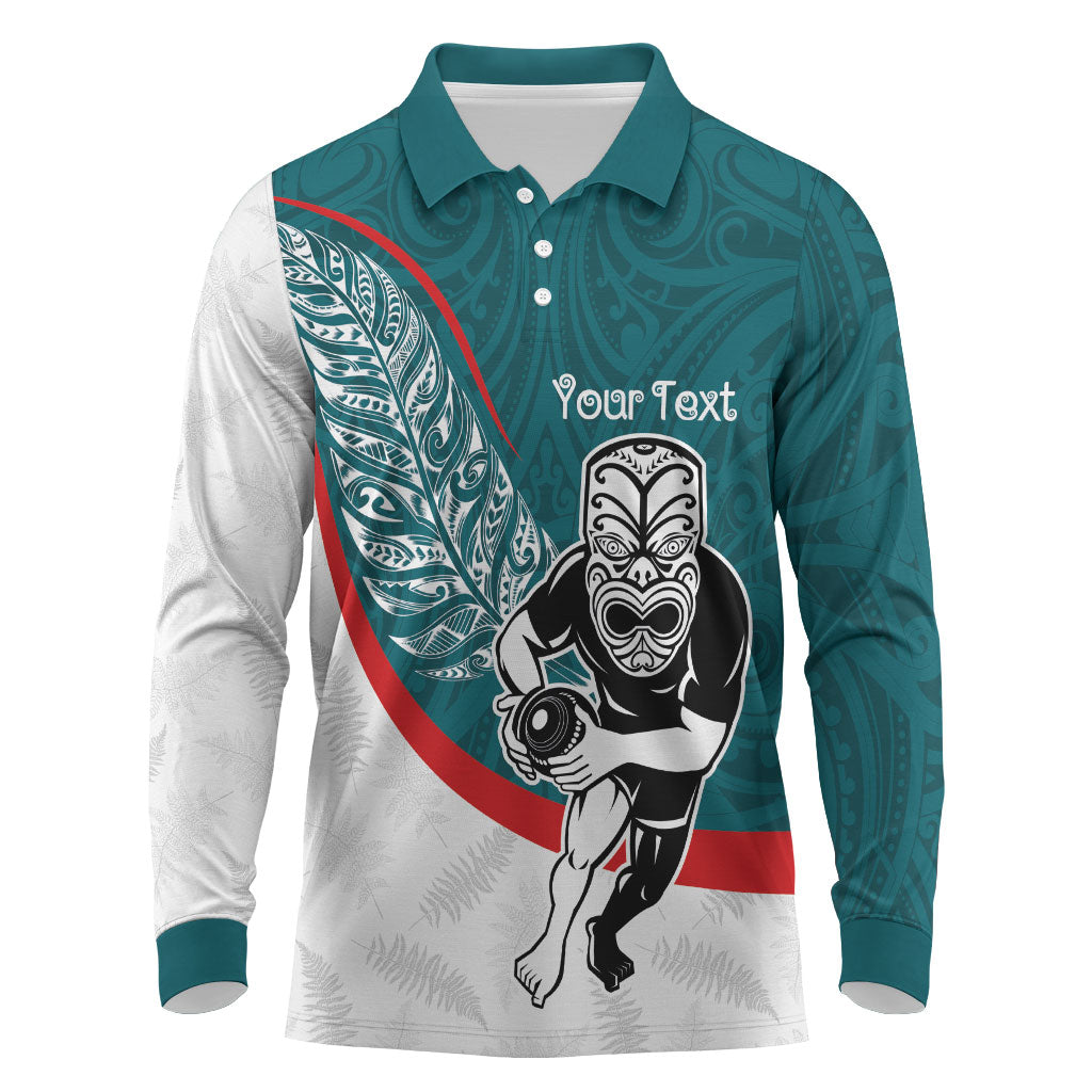 Personalised Aotearoa Lawn Bowls Long Sleeve Polo Shirt Maori Warrior and Silver Fern Sporty Style Teal LT03 Teal - Polynesian Pride