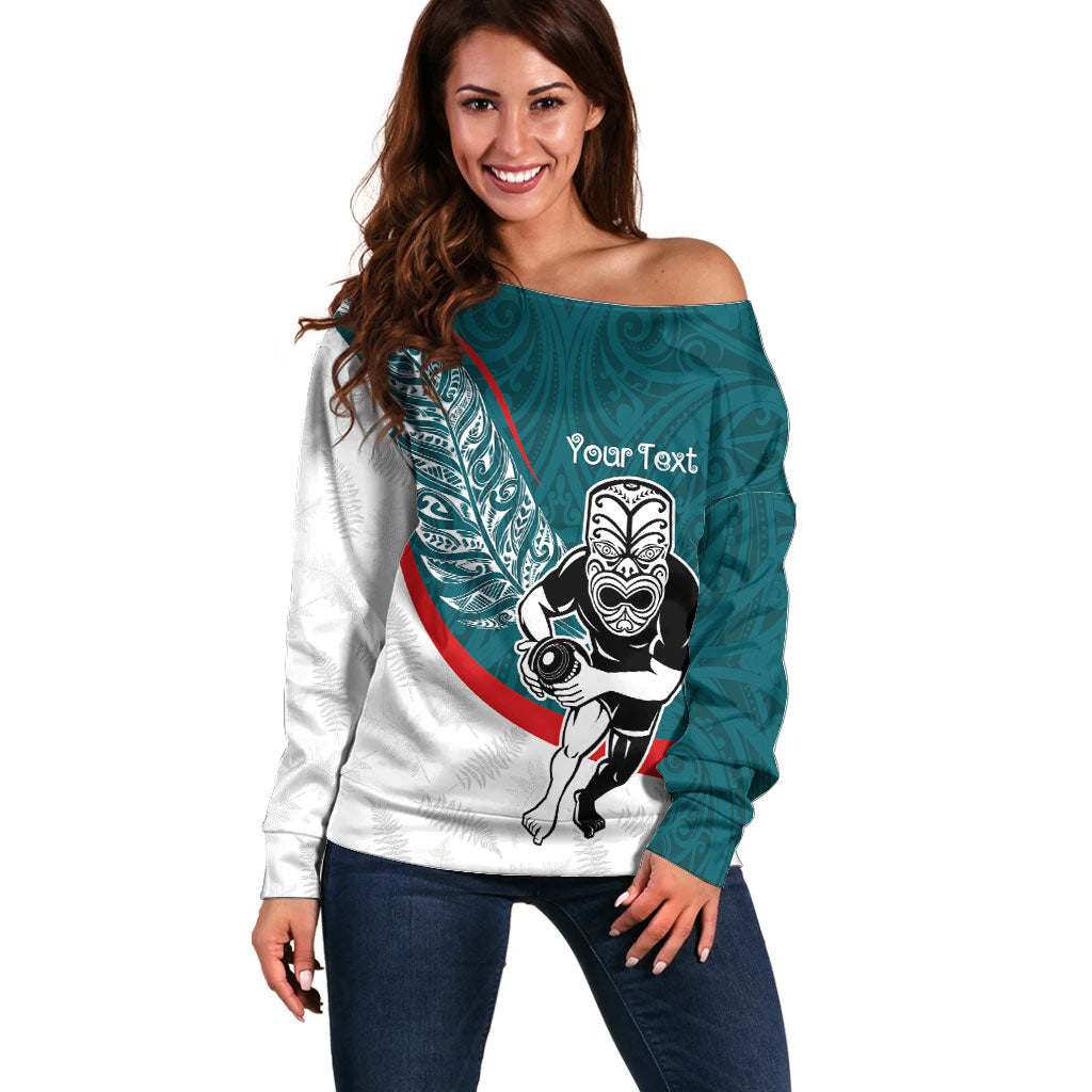 Personalised Aotearoa Lawn Bowls Off Shoulder Sweater Maori Warrior and Silver Fern Sporty Style Teal LT03 Women Teal - Polynesian Pride