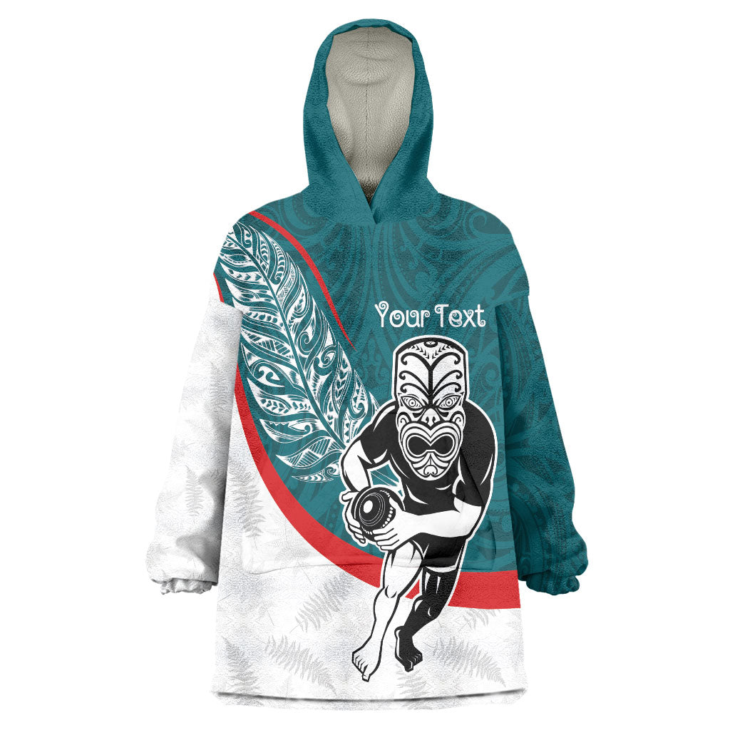 Personalised Aotearoa Lawn Bowls Wearable Blanket Hoodie Maori Warrior and Silver Fern Sporty Style Teal LT03 One Size Teal - Polynesian Pride