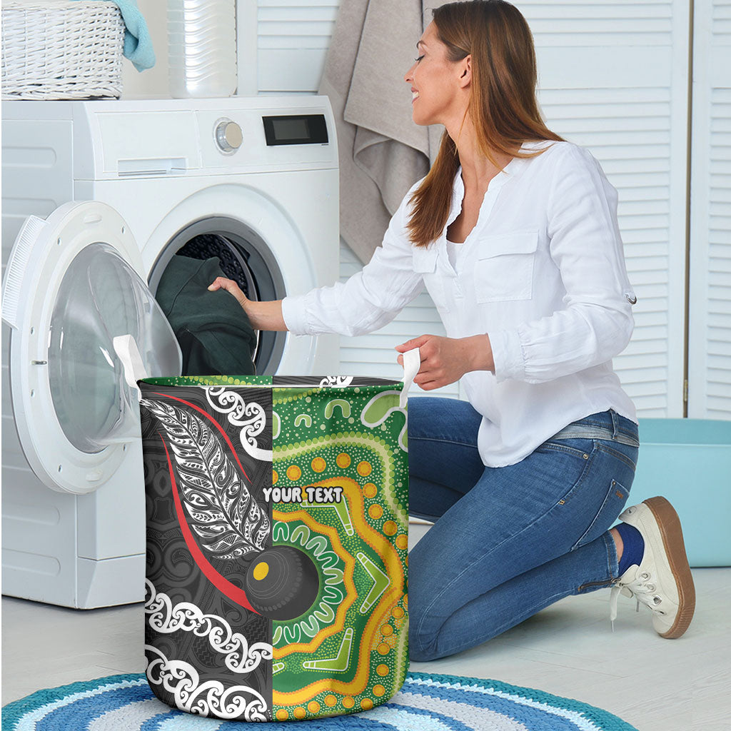 Personalised Aotearoa and Australia Lawn Bowls Laundry Basket Maori Fern and Aboriginal Pattern LT03 - Polynesian Pride