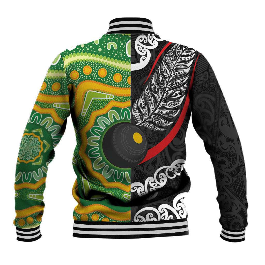 Personalised Aotearoa and Australia Lawn Bowls Baseball Jacket Maori Fern and Aboriginal Pattern LT03 - Polynesian Pride