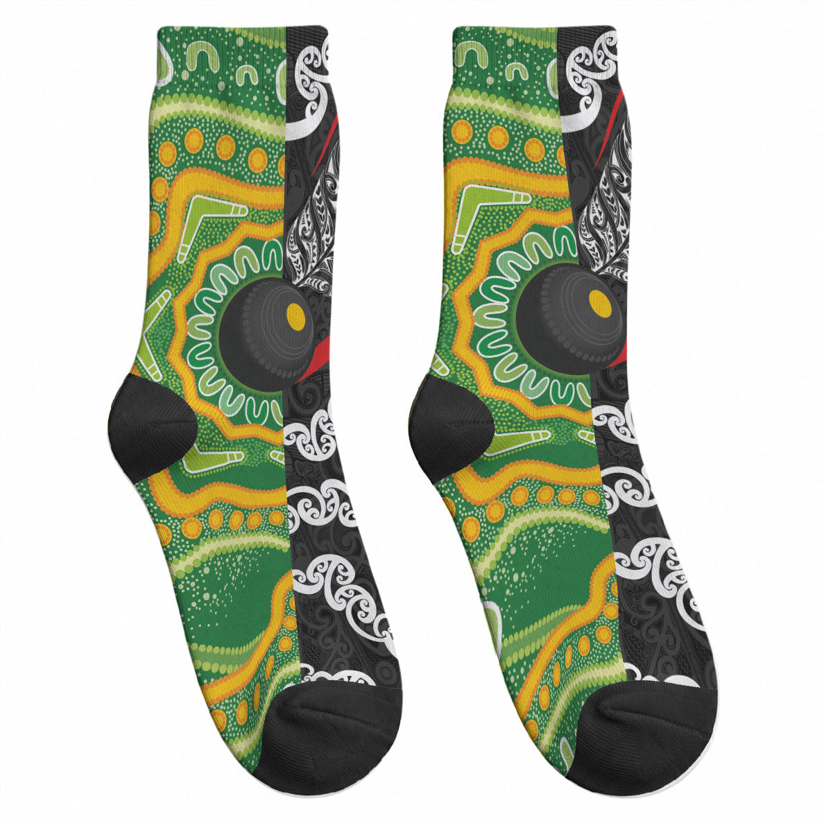 Aotearoa and Australia Lawn Bowls Crew Socks Maori Fern and Aboriginal Pattern LT03 - Polynesian Pride