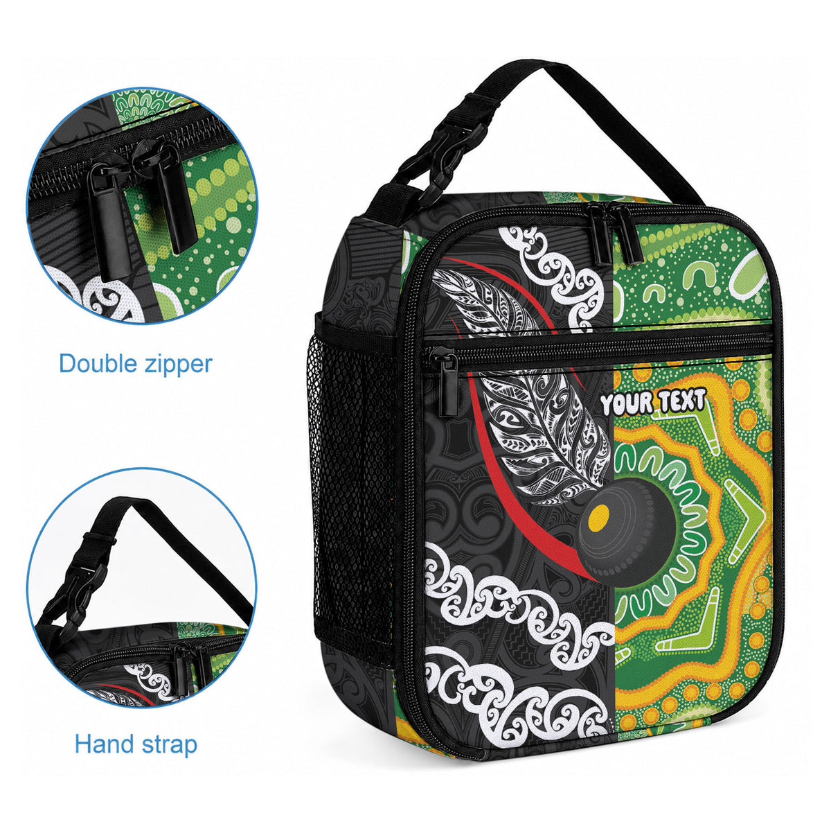 Personalised Aotearoa and Australia Lawn Bowls Lunch Bag Maori Fern and Aboriginal Pattern LT03 - Polynesian Pride