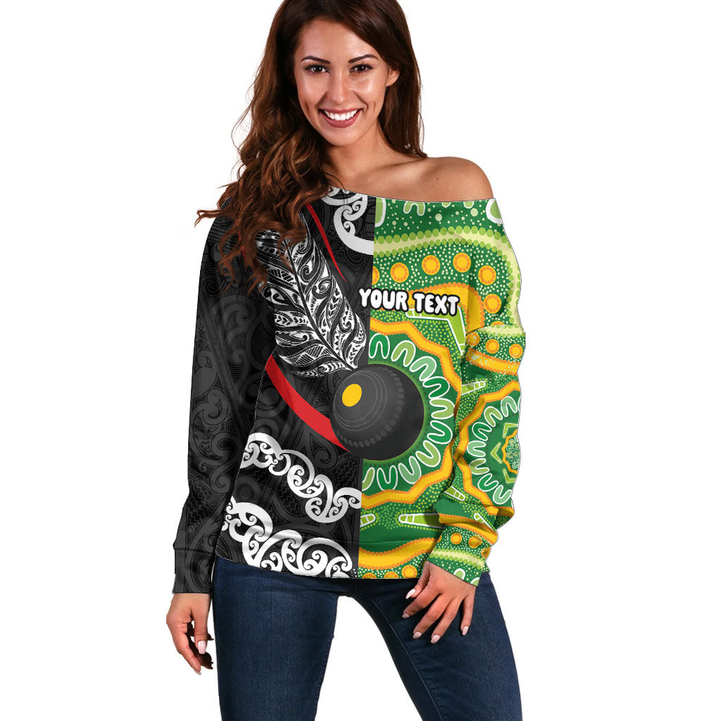 Personalised Aotearoa and Australia Lawn Bowls Off Shoulder Sweater Maori Fern and Aboriginal Pattern LT03 Women Multicolor - Polynesian Pride