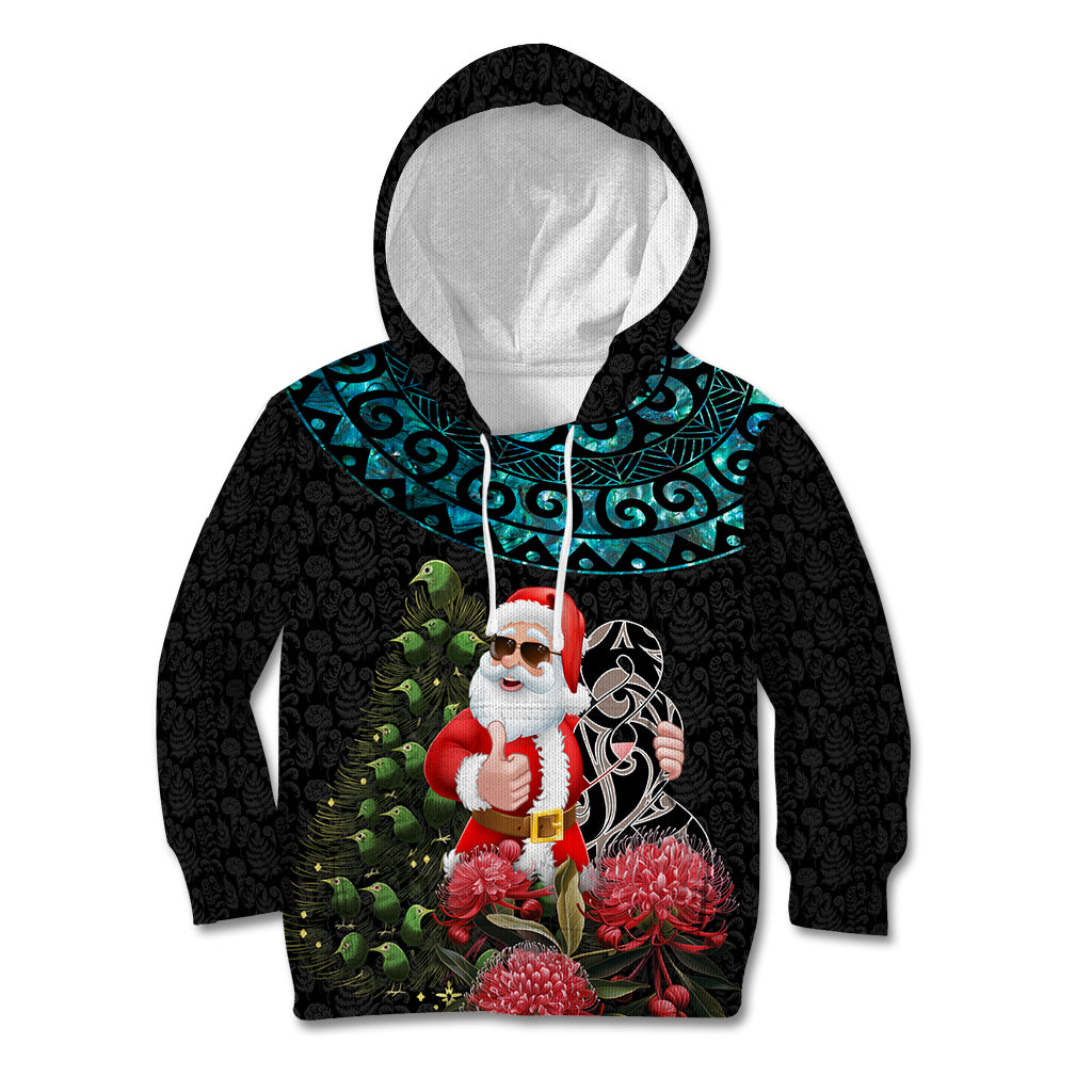 Personalized New Zealand Christmas Kid Hoodie Maori Santa Pikorua and Pohutukawa Meri Kirihimete LT03 Hoodie Black - Polynesian Pride