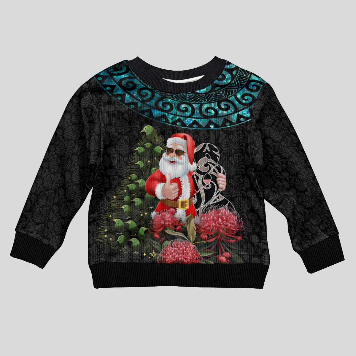 Personalized New Zealand Christmas Kid Ugly Christmas Sweater Maori Santa Pikorua and Pohutukawa Meri Kirihimete LT03 Kid Black - Polynesian Pride