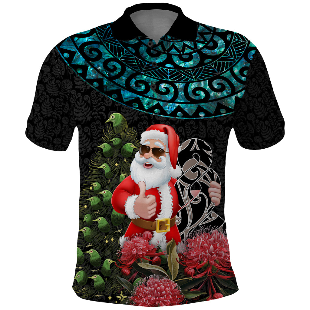 Personalized New Zealand Christmas Polo Shirt Maori Santa Pikorua and Pohutukawa Meri Kirihimete LT03 Black - Polynesian Pride