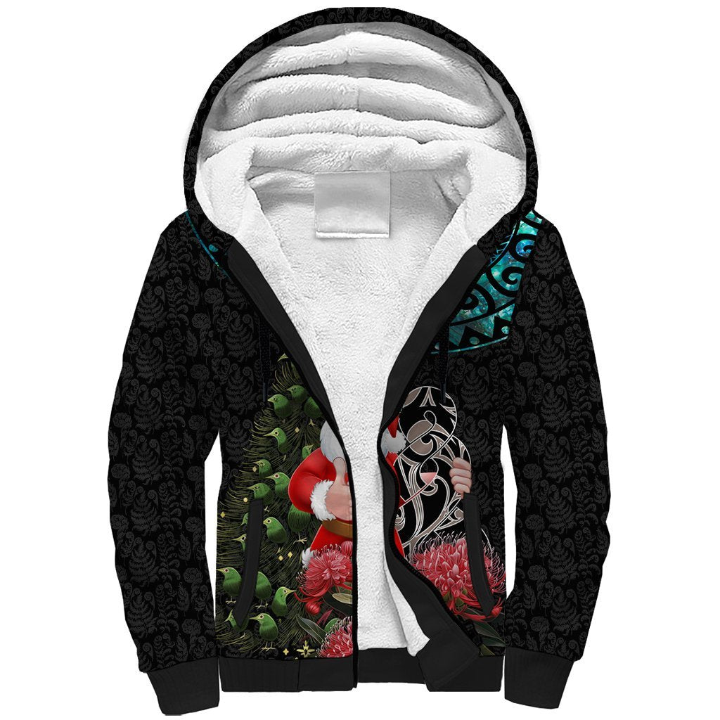 Personalized New Zealand Christmas Sherpa Hoodie Maori Santa Pikorua and Pohutukawa Meri Kirihimete LT03 Unisex Black - Polynesian Pride