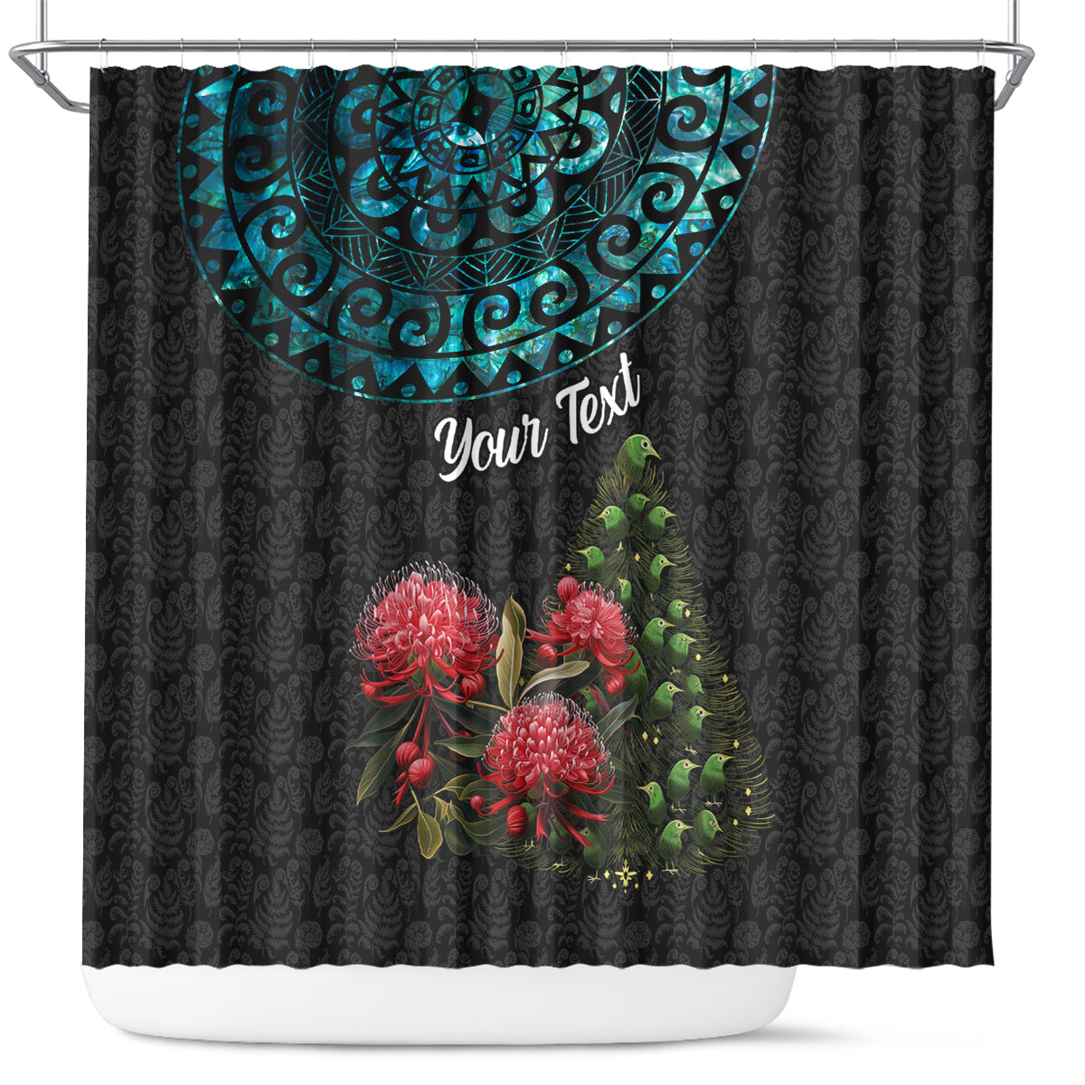 Personalized New Zealand Christmas Shower Curtain Maori Santa Pikorua and Pohutukawa Meri Kirihimete LT03 Black - Polynesian Pride