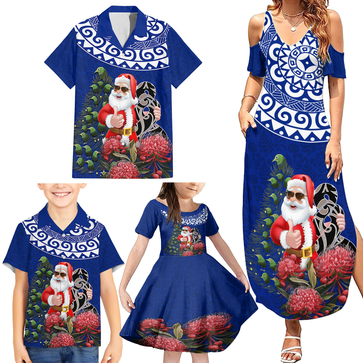 Personalized New Zealand Christmas Family Matching Summer Maxi Dress and Hawaiian Shirt Maori Santa Pikorua and Pohutukawa Meri Kirihimete Blue LT03 - Polynesian Pride