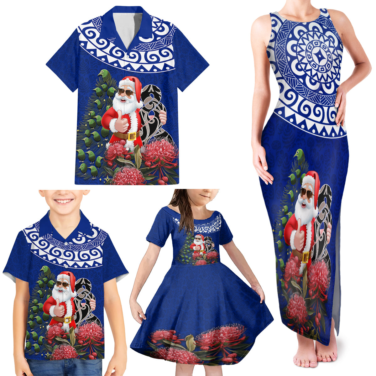 Personalized New Zealand Christmas Family Matching Tank Maxi Dress and Hawaiian Shirt Maori Santa Pikorua and Pohutukawa Meri Kirihimete Blue LT03 - Polynesian Pride