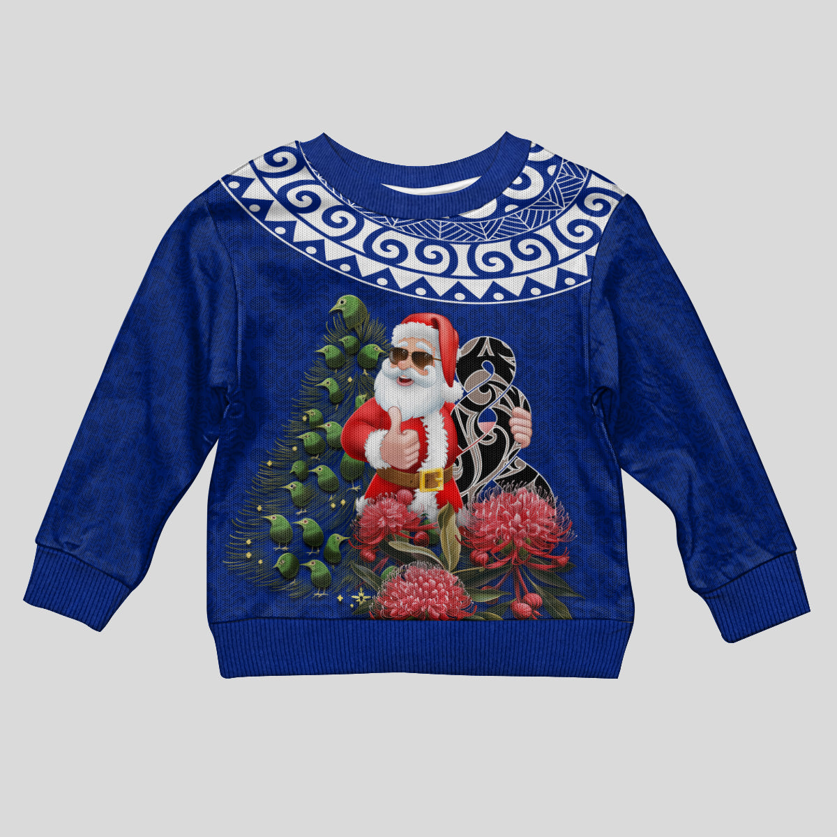 Personalized New Zealand Christmas Kid Ugly Christmas Sweater Maori Santa Pikorua and Pohutukawa Meri Kirihimete Blue LT03 Kid Blue - Polynesian Pride