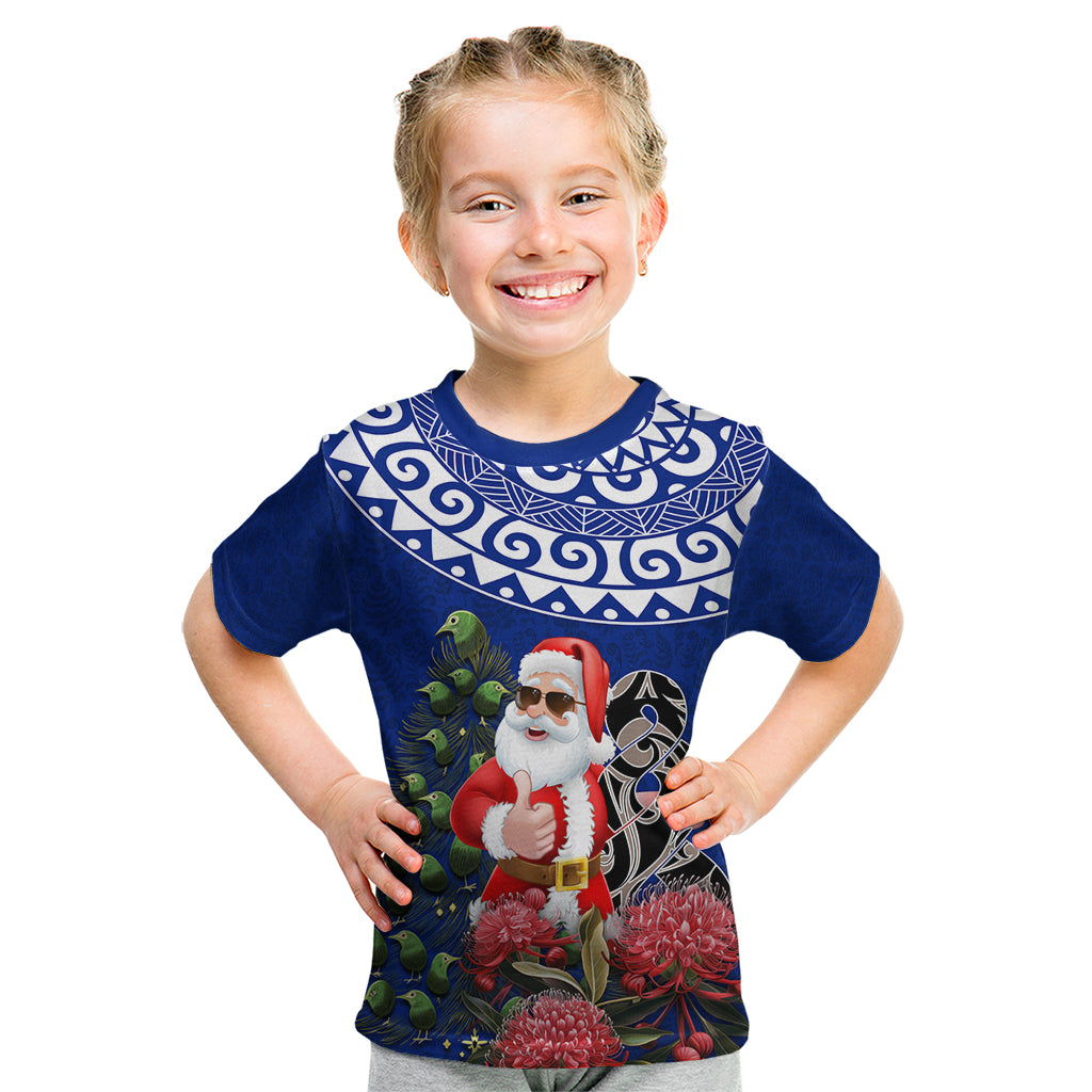 Personalized New Zealand Christmas Kid T Shirt Maori Santa Pikorua and Pohutukawa Meri Kirihimete Blue LT03 Blue - Polynesian Pride