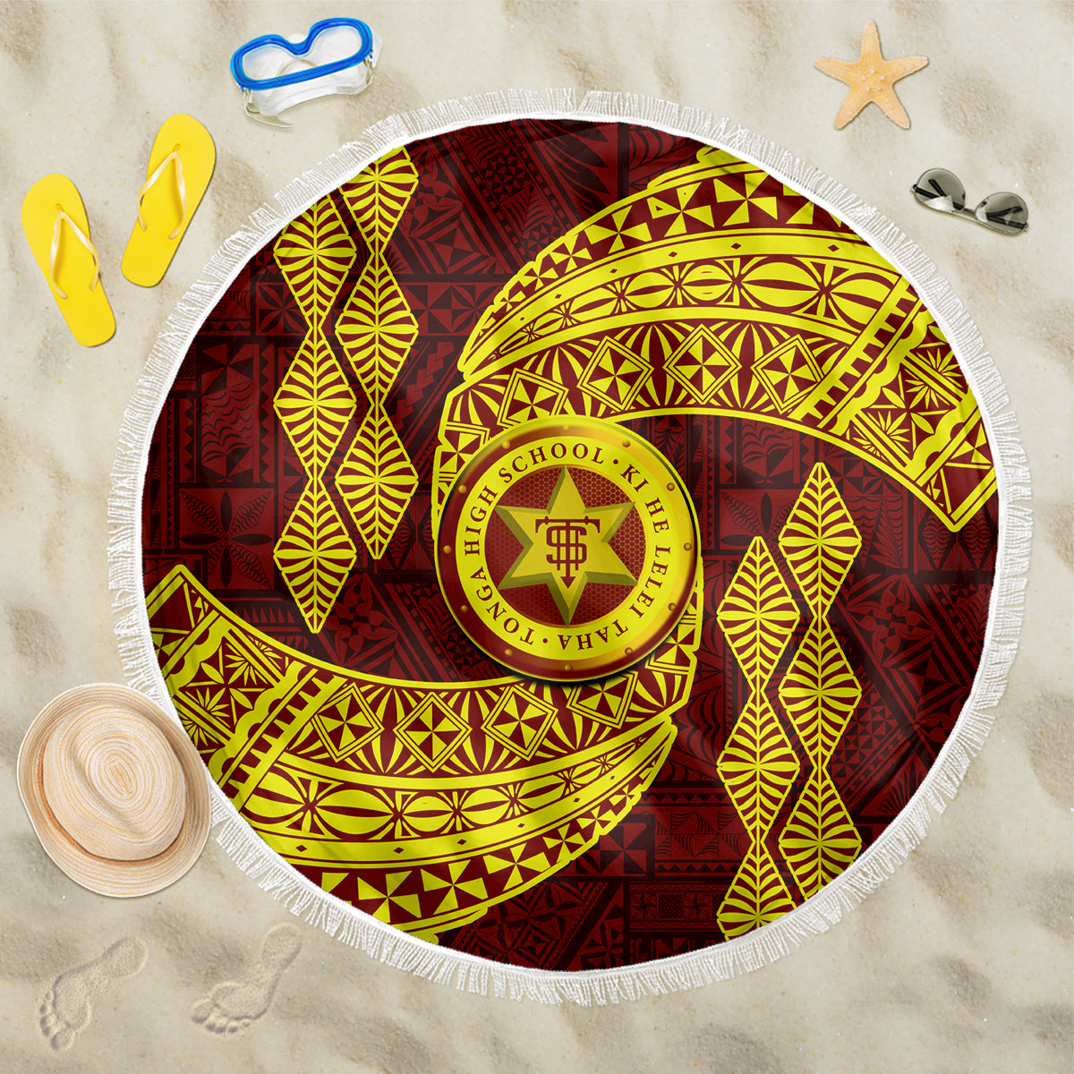 Tonga High School Beach Blanket Traditional Ngatu and Polynesian Pattern LT03 One Size 150cm Yellow - Polynesian Pride