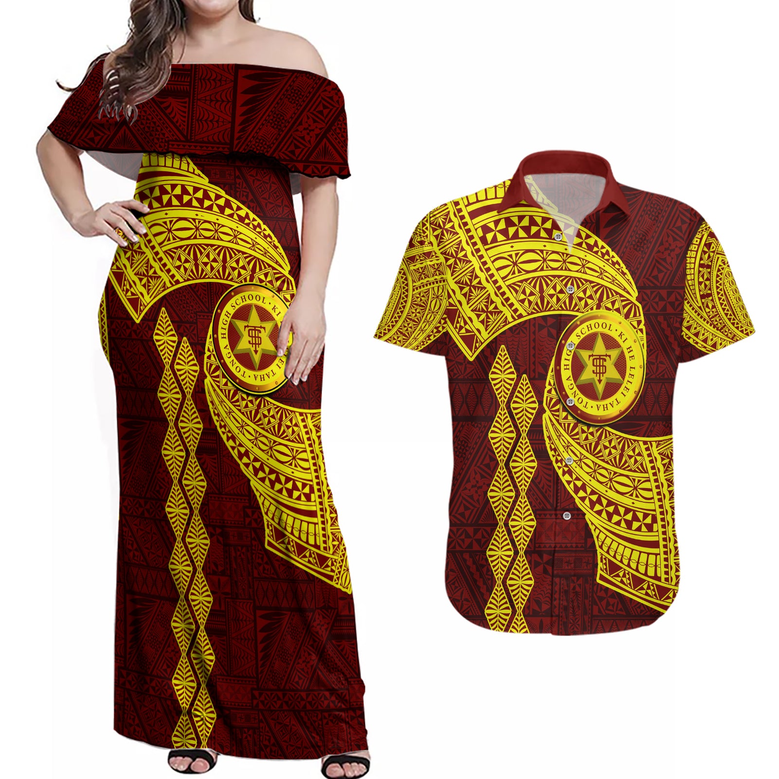 Tonga High School Couples Matching Off Shoulder Maxi Dress and Hawaiian Shirt Traditional Ngatu and Polynesian Pattern LT03 Yellow - Polynesian Pride