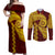 Tonga High School Couples Matching Off Shoulder Maxi Dress and Long Sleeve Button Shirt Traditional Ngatu and Polynesian Pattern LT03 Yellow - Polynesian Pride