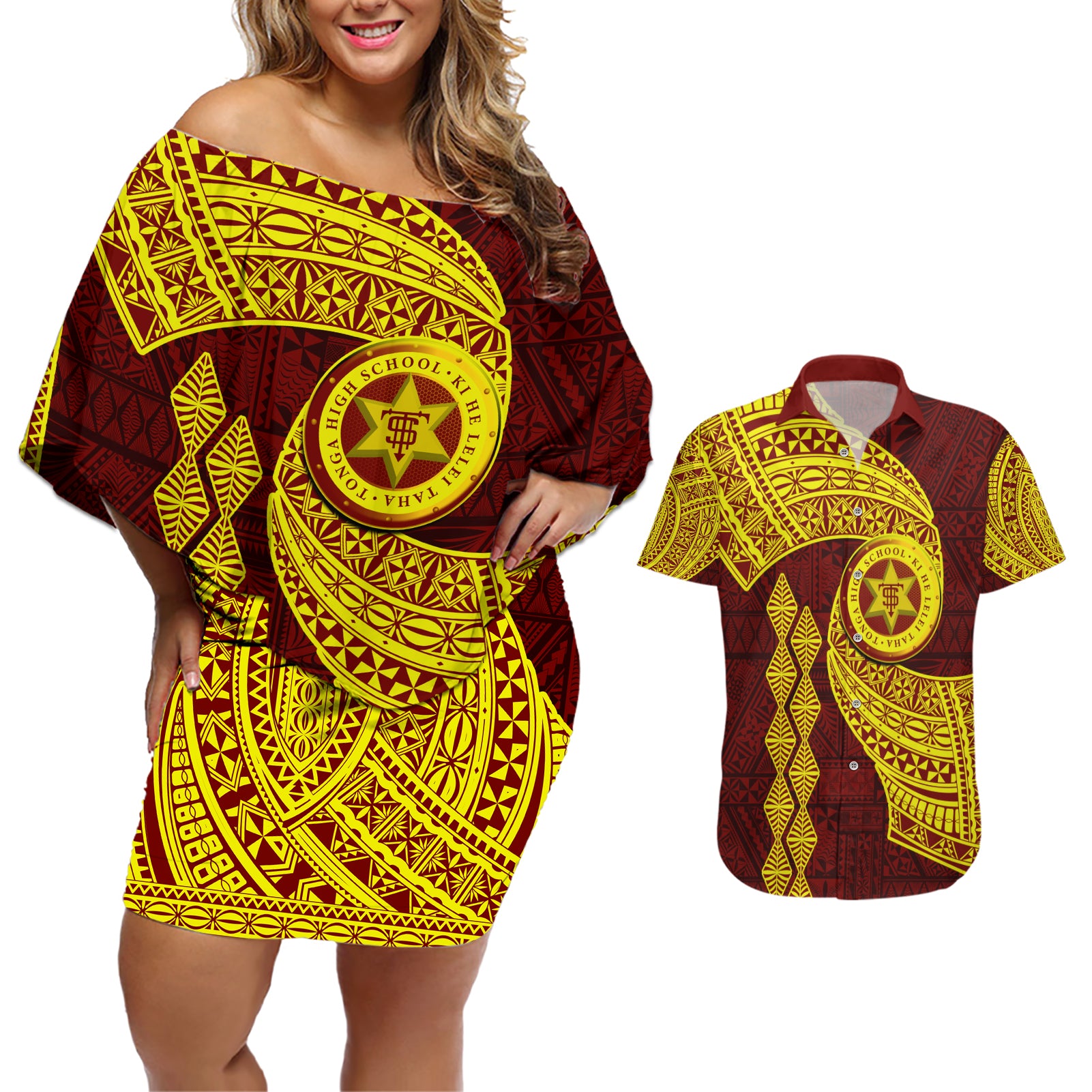 Tonga High School Couples Matching Off Shoulder Short Dress and Hawaiian Shirt Traditional Ngatu and Polynesian Pattern LT03 Yellow - Polynesian Pride