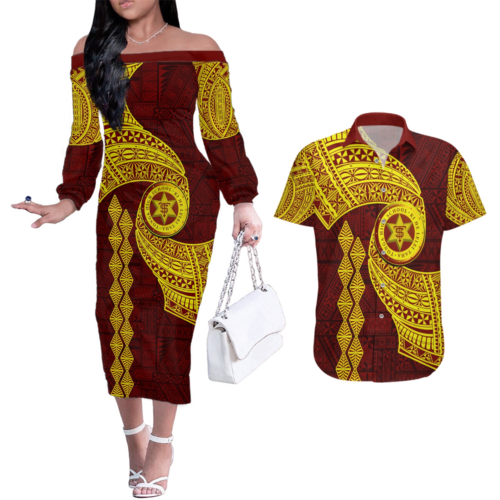 Tonga High School Couples Matching Off The Shoulder Long Sleeve Dress and Hawaiian Shirt Traditional Ngatu and Polynesian Pattern LT03 Yellow - Polynesian Pride