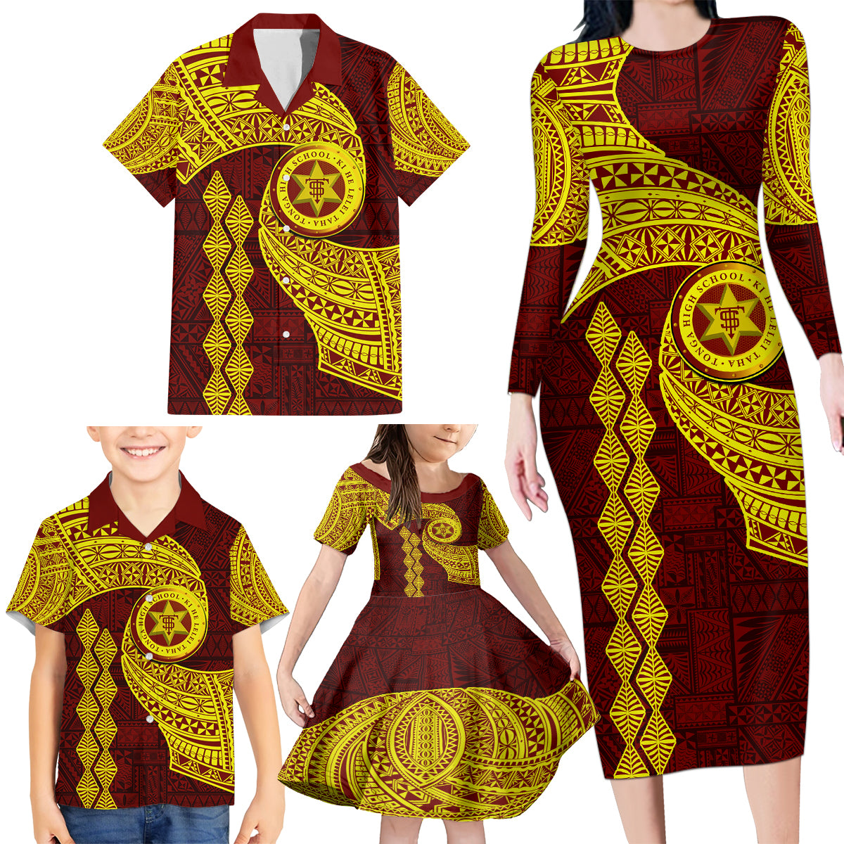 Tonga High School Family Matching Long Sleeve Bodycon Dress and Hawaiian Shirt Traditional Ngatu and Polynesian Pattern LT03 - Polynesian Pride