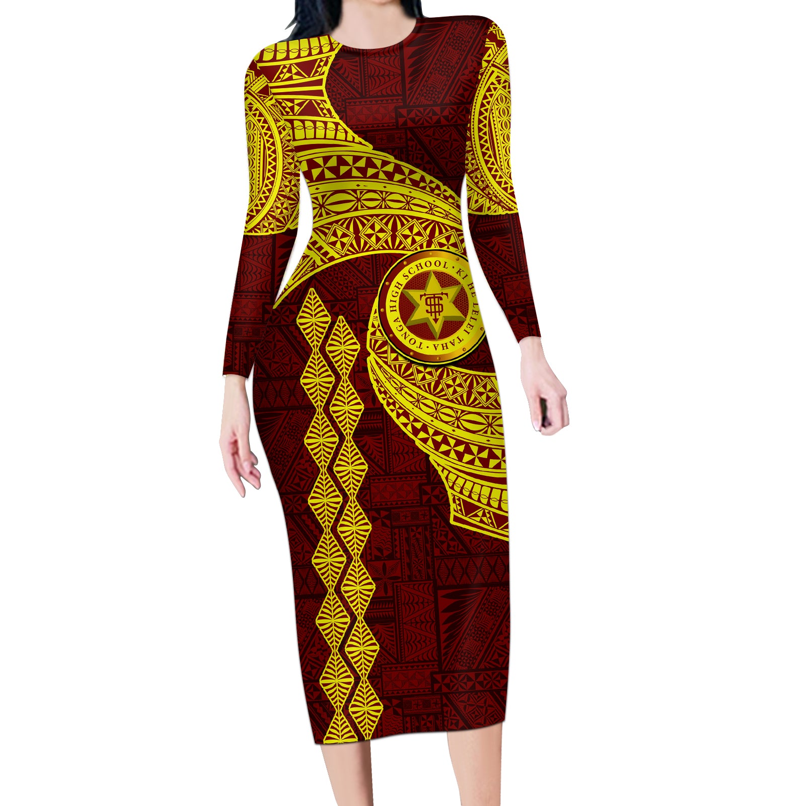 Tonga High School Long Sleeve Bodycon Dress Traditional Ngatu and Polynesian Pattern LT03 Long Dress Yellow - Polynesian Pride