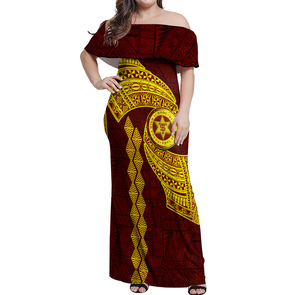 Tonga High School Off Shoulder Maxi Dress Traditional Ngatu and Polynesian Pattern LT03 Women Yellow - Polynesian Pride