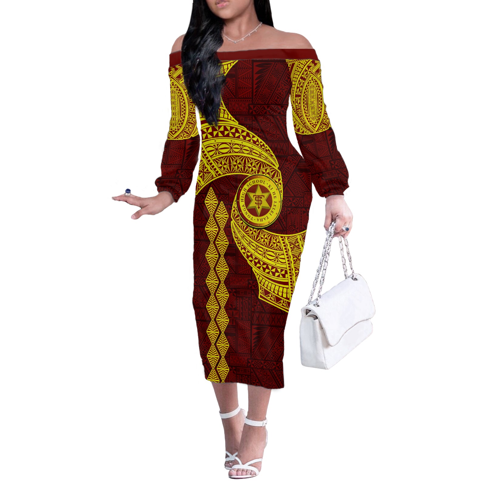 Tonga High School Off The Shoulder Long Sleeve Dress Traditional Ngatu and Polynesian Pattern LT03 Women Yellow - Polynesian Pride