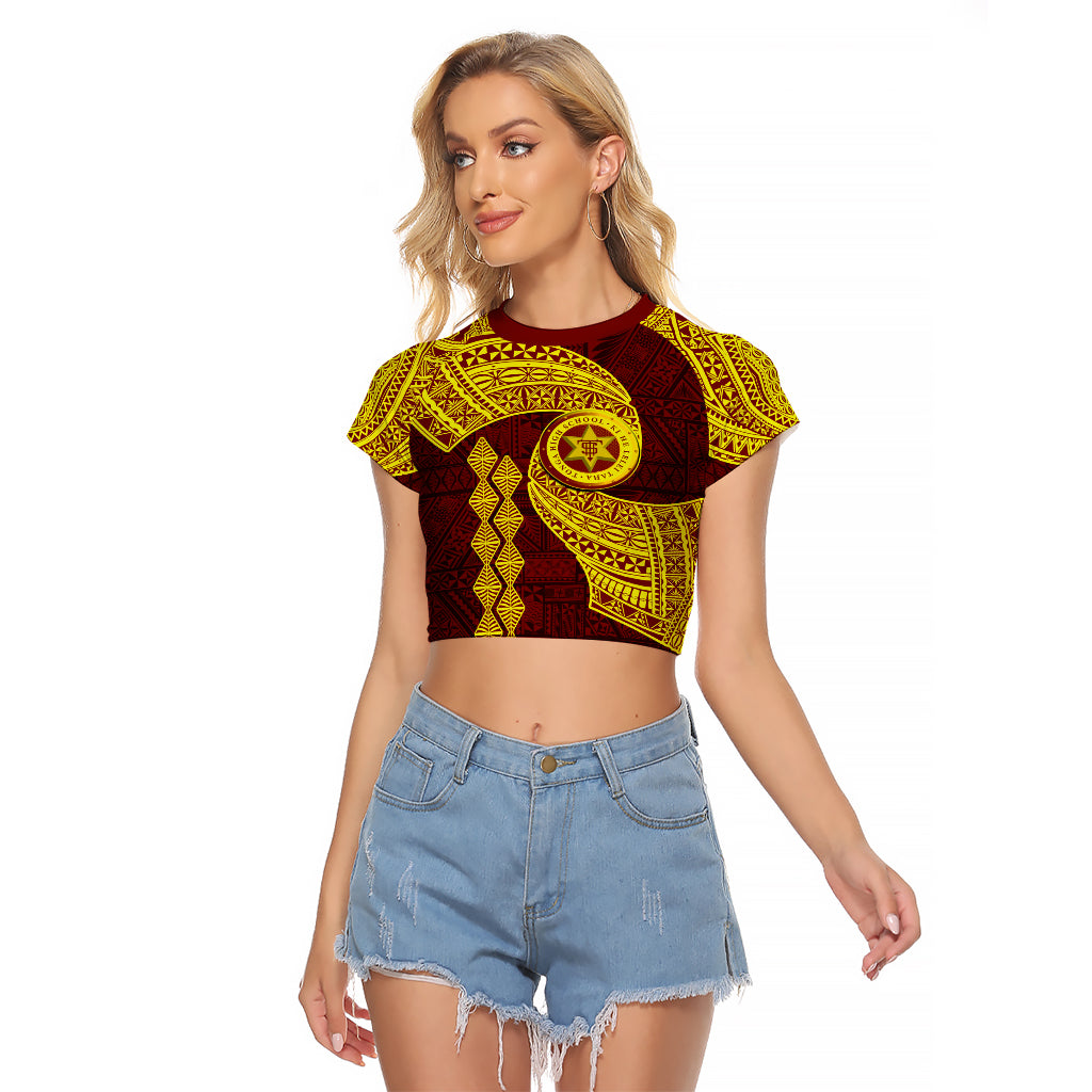 Tonga High School Raglan Cropped T Shirt Traditional Ngatu and Polynesian Pattern LT03 Female Yellow - Polynesian Pride