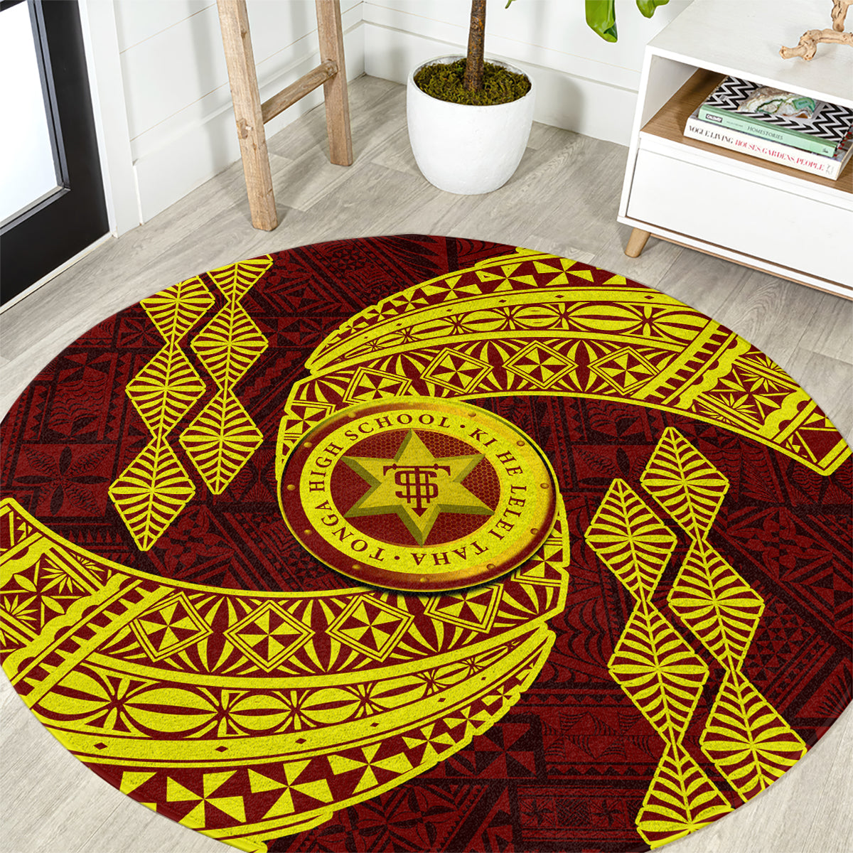 Tonga High School Round Carpet Traditional Ngatu and Polynesian Pattern LT03 Yellow - Polynesian Pride