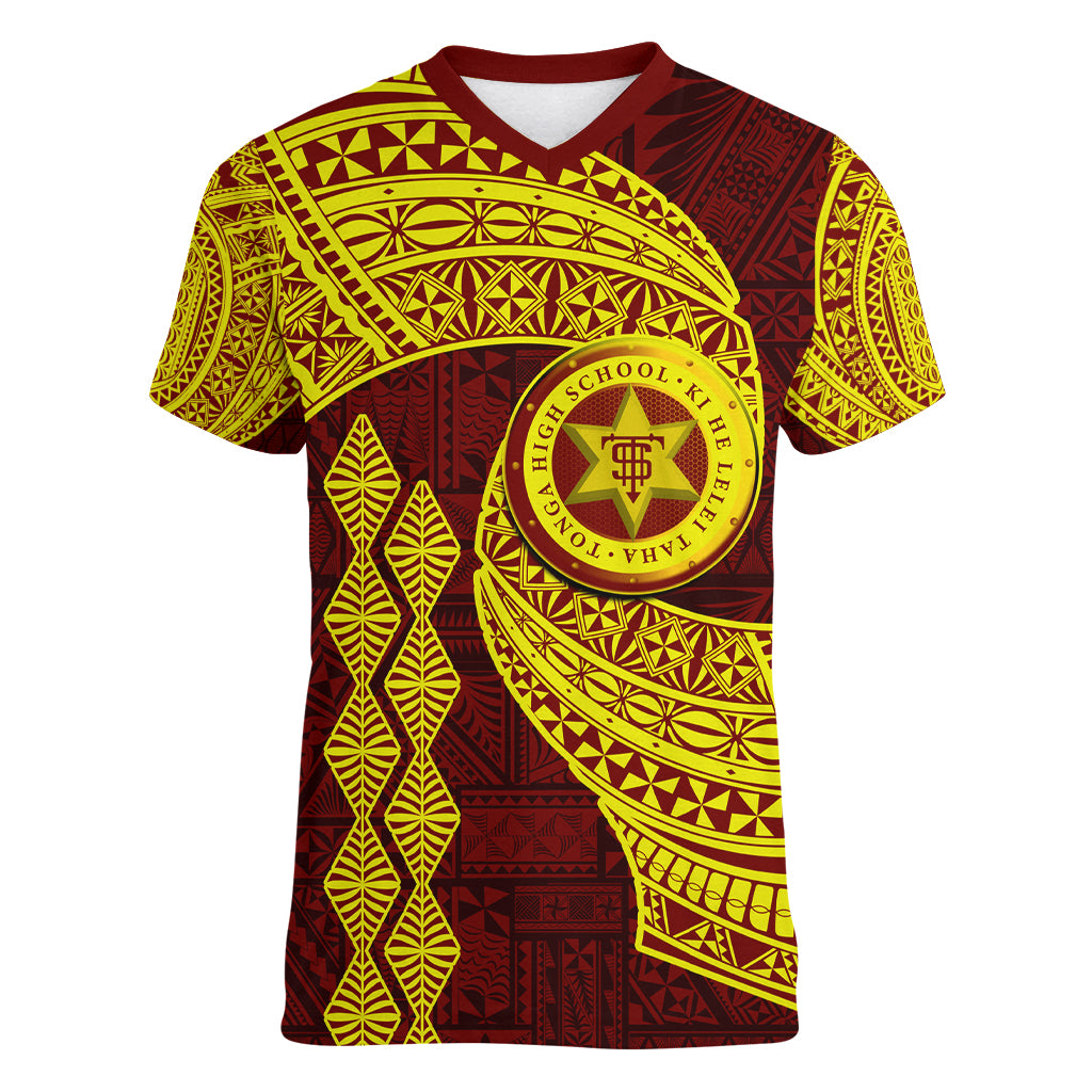 Tonga High School Women V Neck T Shirt Traditional Ngatu and Polynesian Pattern LT03 Female Yellow - Polynesian Pride