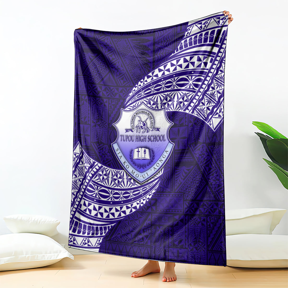 Tonga Tupou High School Blanket Traditional Ngatu and Polynesian Pattern LT03 Blue - Polynesian Pride