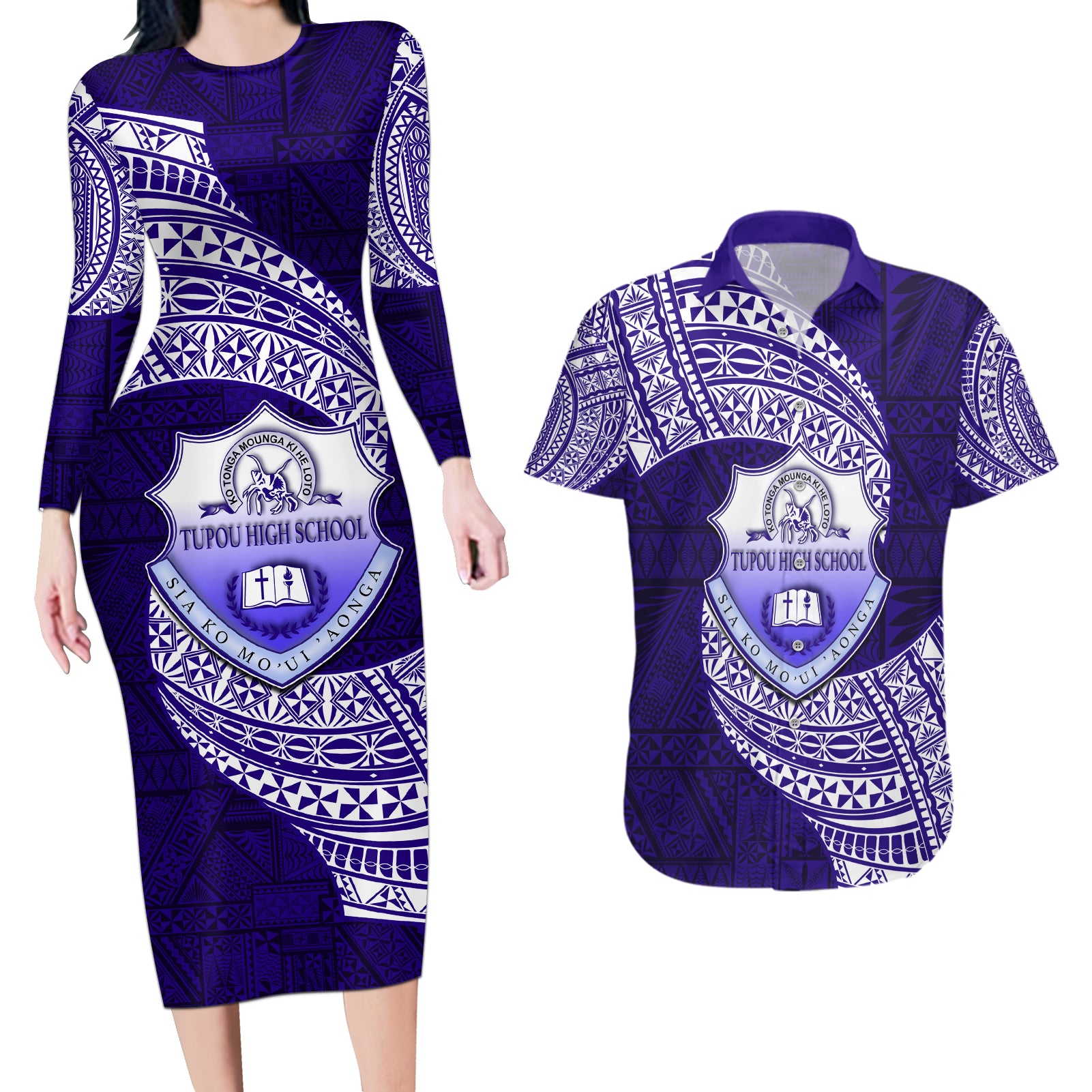 Tonga Tupou High School Couples Matching Long Sleeve Bodycon Dress and Hawaiian Shirt Traditional Ngatu and Polynesian Pattern LT03 Blue - Polynesian Pride