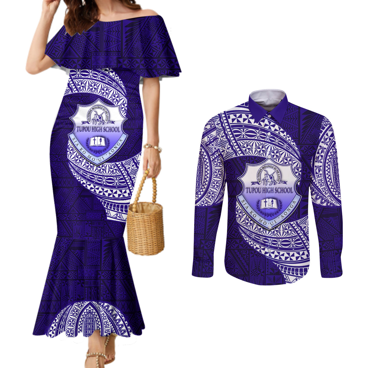 Tonga Tupou High School Couples Matching Mermaid Dress and Long Sleeve Button Shirt Traditional Ngatu and Polynesian Pattern LT03 Blue - Polynesian Pride