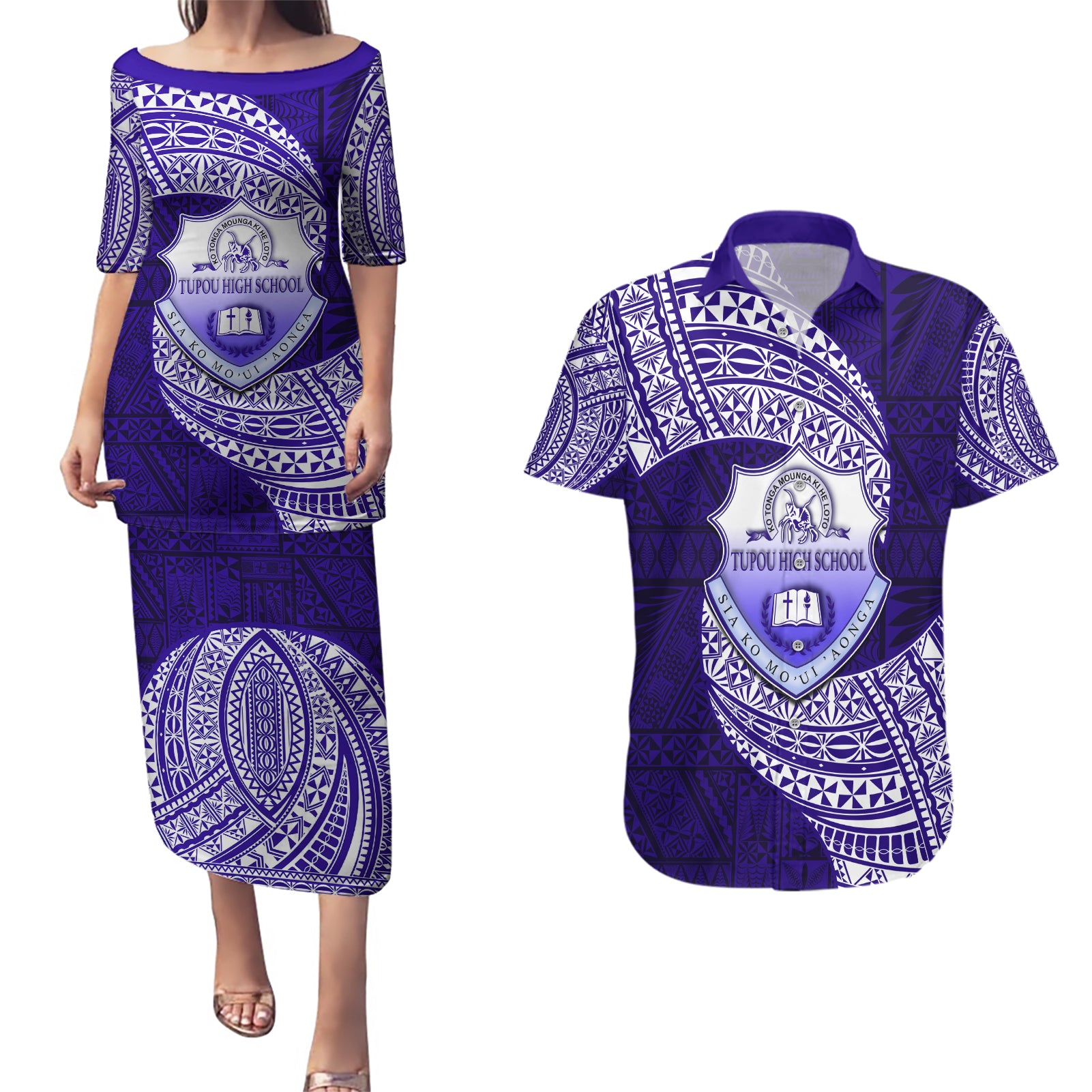 Tonga Tupou High School Couples Matching Puletasi Dress and Hawaiian Shirt Traditional Ngatu and Polynesian Pattern LT03 Blue - Polynesian Pride