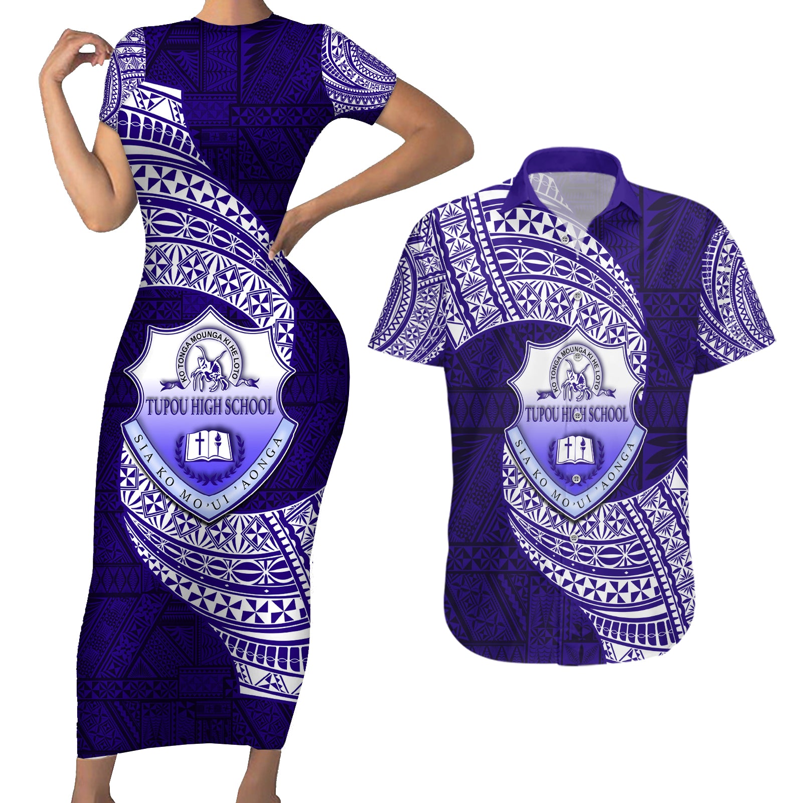 Tonga Tupou High School Couples Matching Short Sleeve Bodycon Dress and Hawaiian Shirt Traditional Ngatu and Polynesian Pattern LT03 Blue - Polynesian Pride