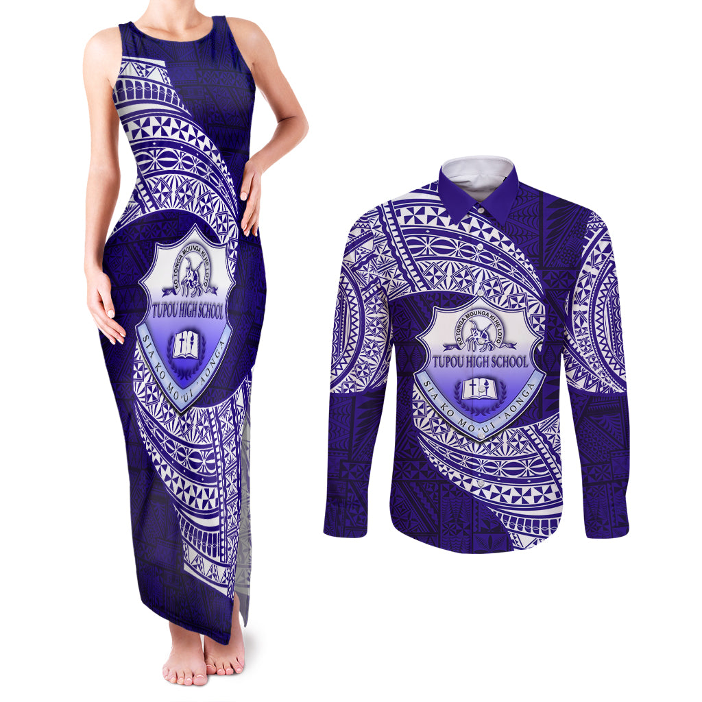 Tonga Tupou High School Couples Matching Tank Maxi Dress and Long Sleeve Button Shirt Traditional Ngatu and Polynesian Pattern LT03 Blue - Polynesian Pride