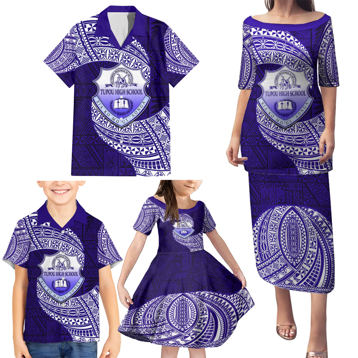 Tonga Tupou High School Family Matching Puletasi Dress and Hawaiian Shirt Traditional Ngatu and Polynesian Pattern LT03 - Polynesian Pride