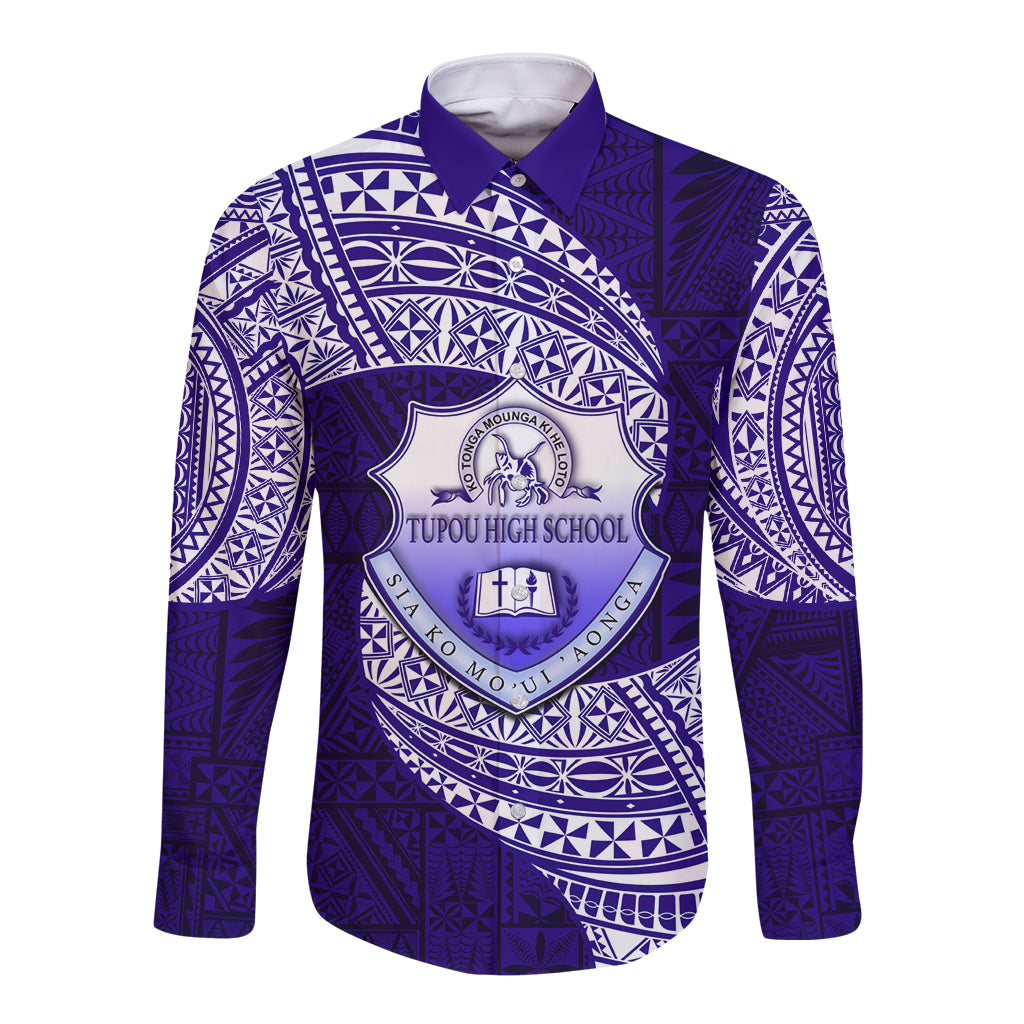 Tonga Tupou High School Long Sleeve Button Shirt Traditional Ngatu and Polynesian Pattern LT03 Unisex Blue - Polynesian Pride