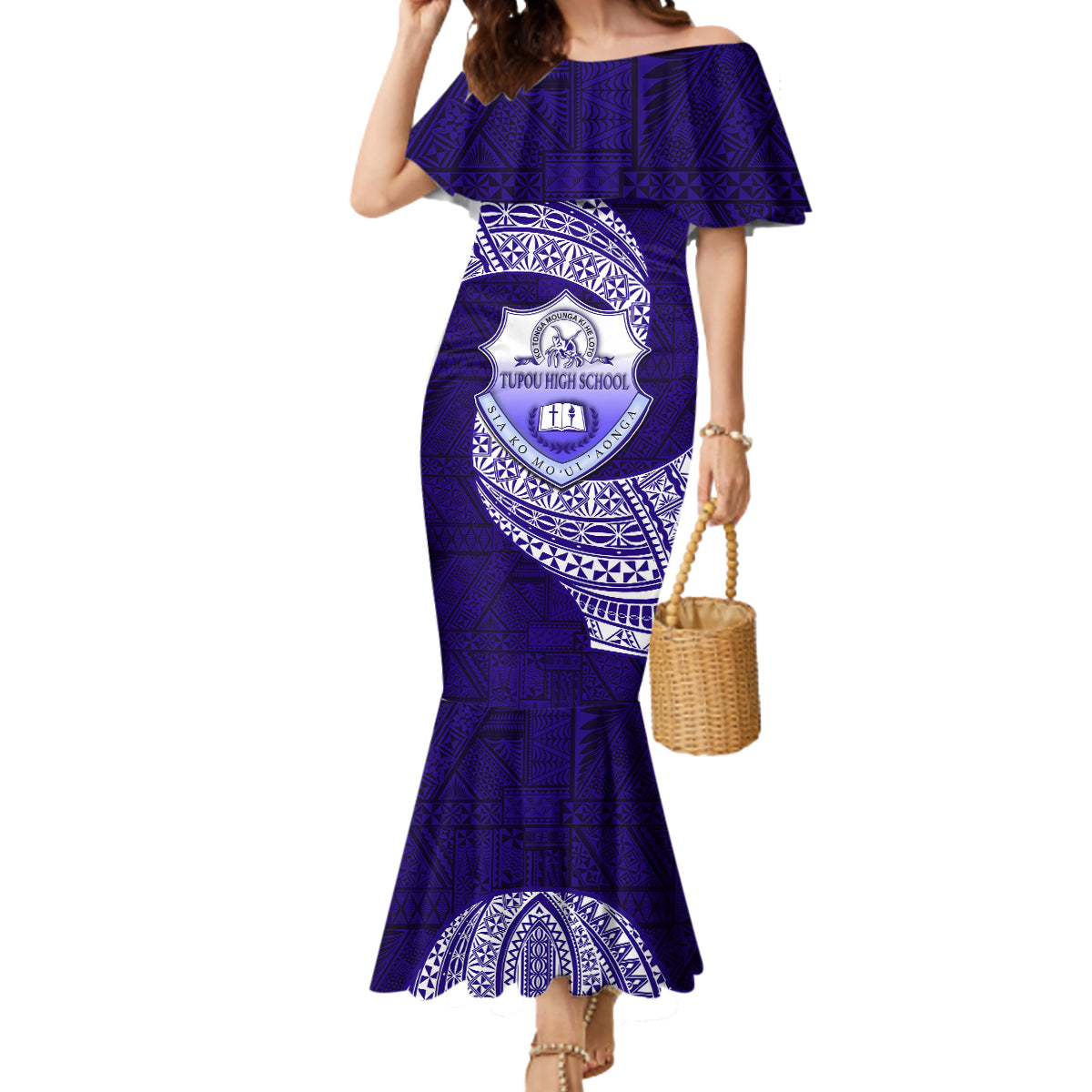 Tonga Tupou High School Mermaid Dress Traditional Ngatu and Polynesian Pattern LT03 Women Blue - Polynesian Pride