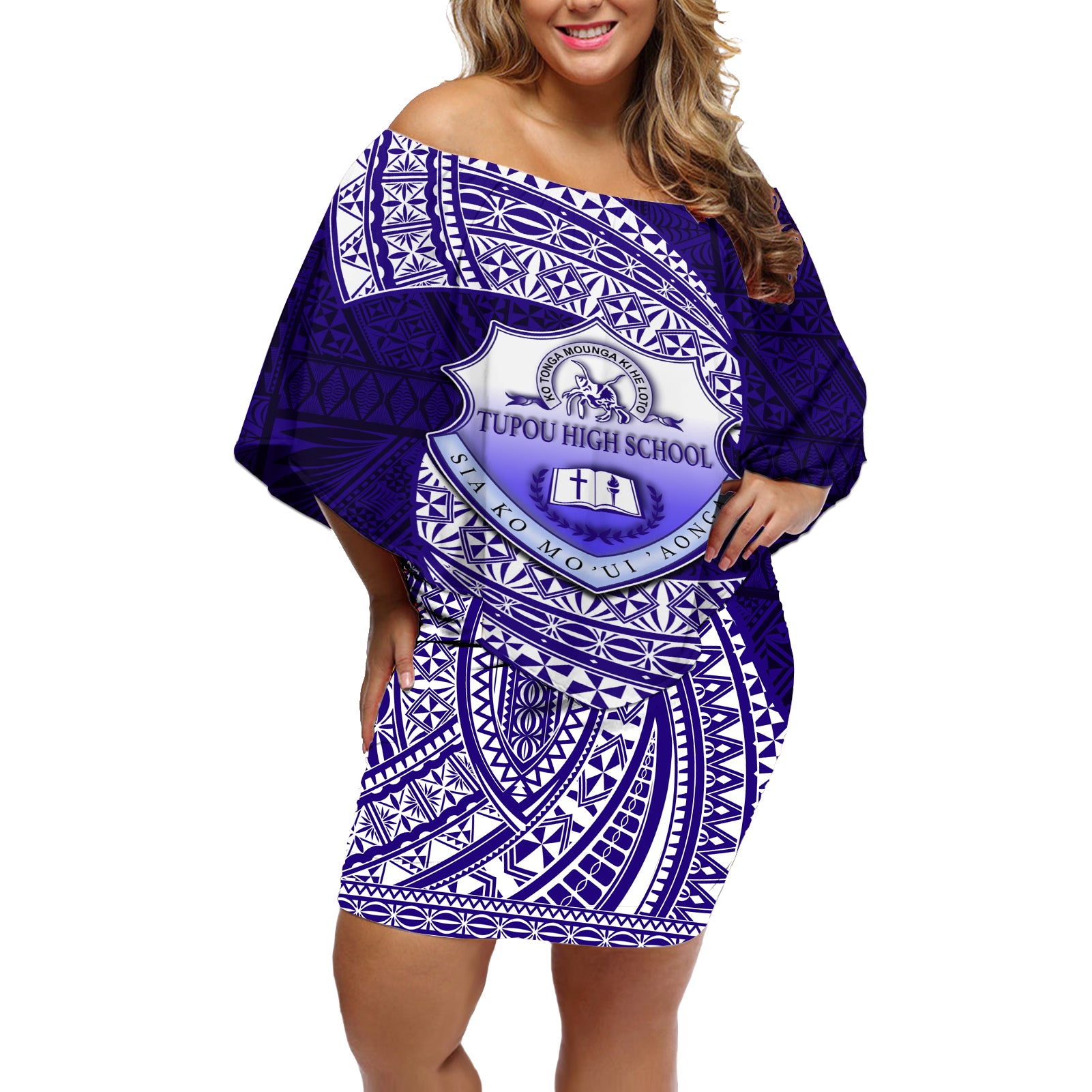 Tonga Tupou High School Off Shoulder Short Dress Traditional Ngatu and Polynesian Pattern LT03 Women Blue - Polynesian Pride