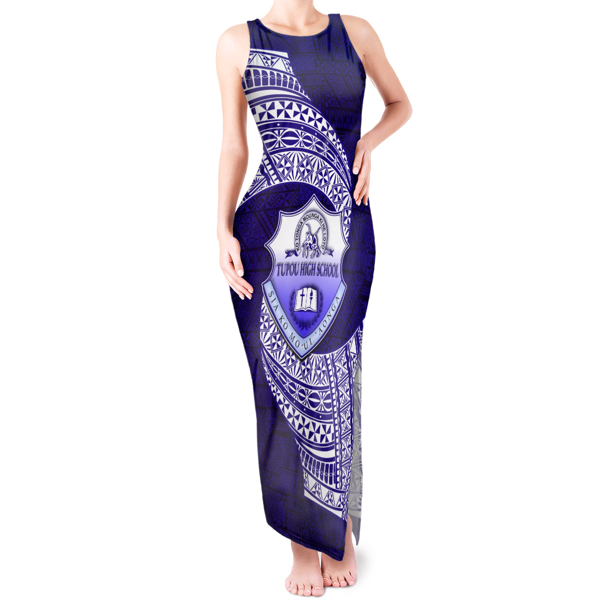 Tonga Tupou High School Tank Maxi Dress Traditional Ngatu and Polynesian Pattern LT03 Women Blue - Polynesian Pride