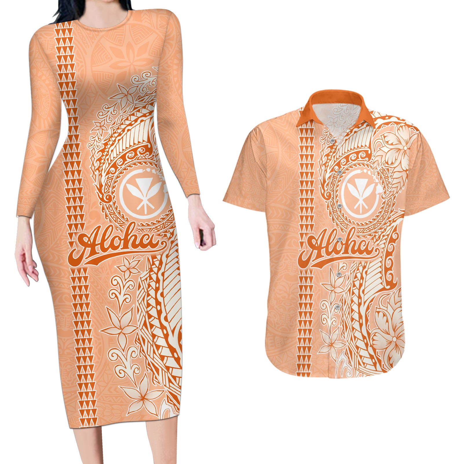 Kanaka Maoli Tropical Flowers with Kakau Tribal Couples Matching Long Sleeve Bodycon Dress and Hawaiian Shirt Peach Fuzz Color LT03 Peach Fuzz - Polynesian Pride